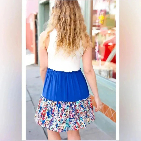 Beeson River Dress Ivory Color Block Royal Blue Floral Accent Sleeveless (S-XL) - Picture 5 of 12